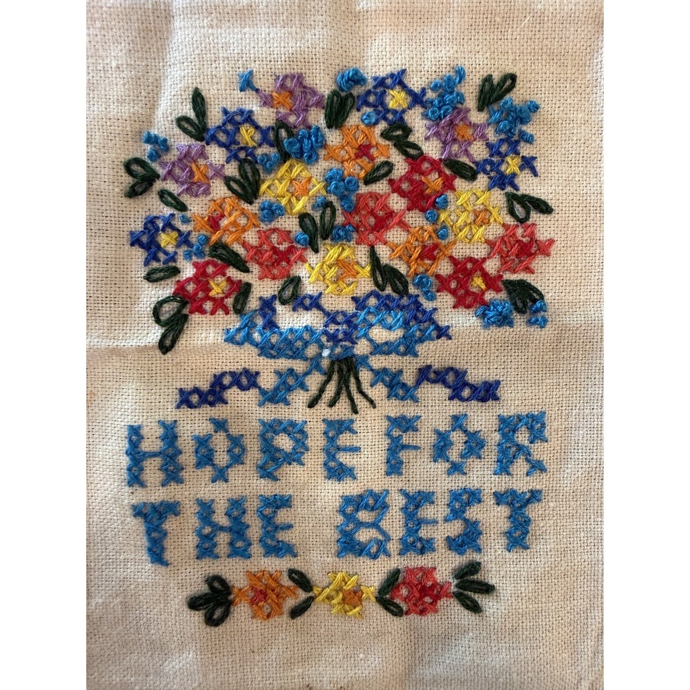 Vintage Columbia Minerva Cross Stitch Hope For The Best Flower Handmade 1975